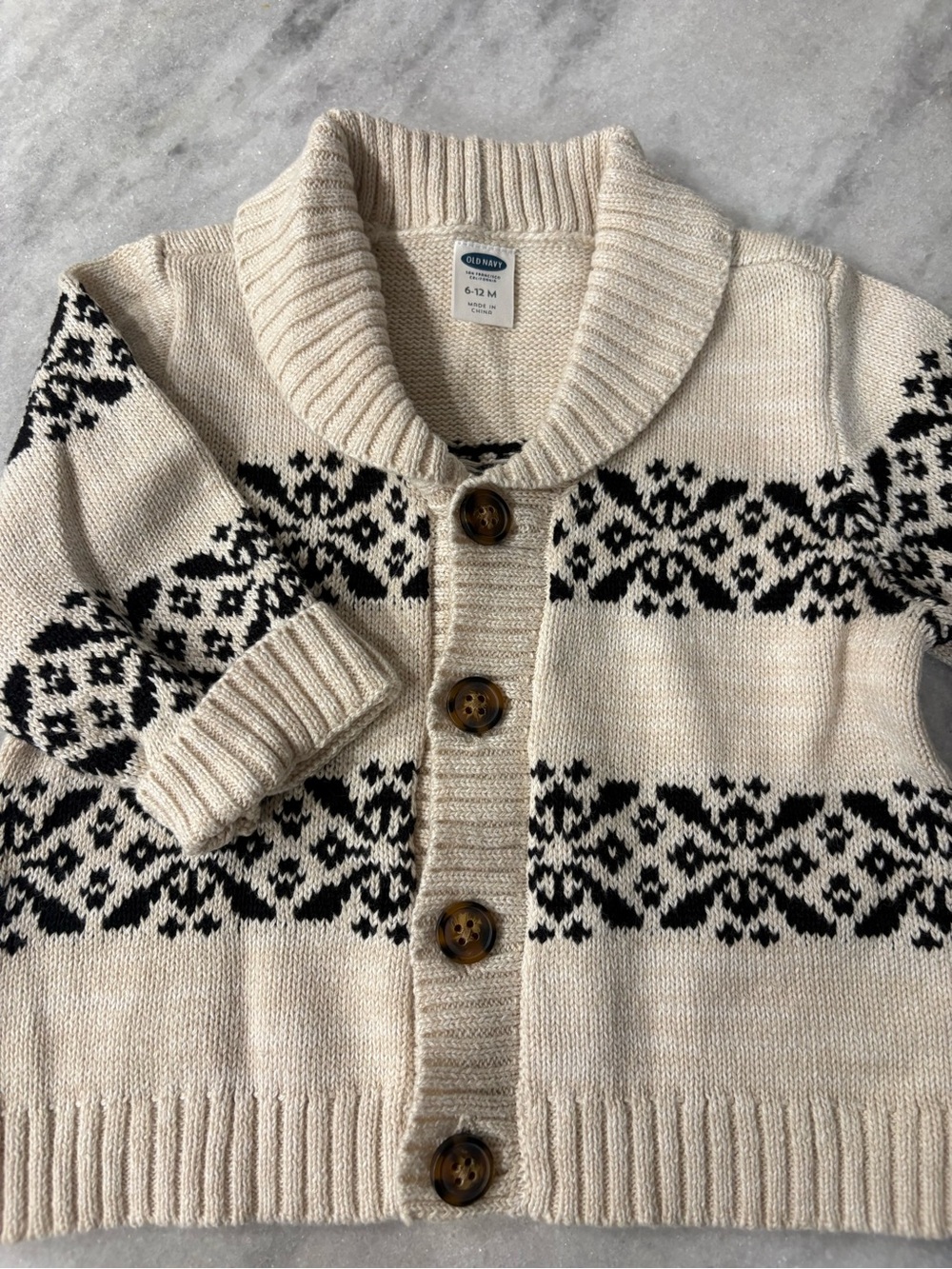 Old Navy Cream & Black Fair Isle Shawl Collar Cardigan